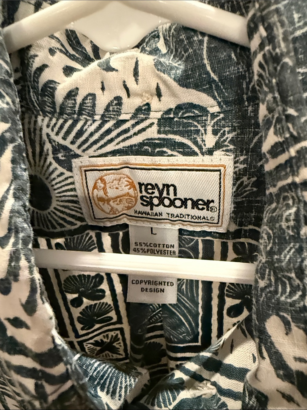 reyn spooner Blue & White Island Print Short Pullover Down Shirt -Size L - Picture 2 of 3